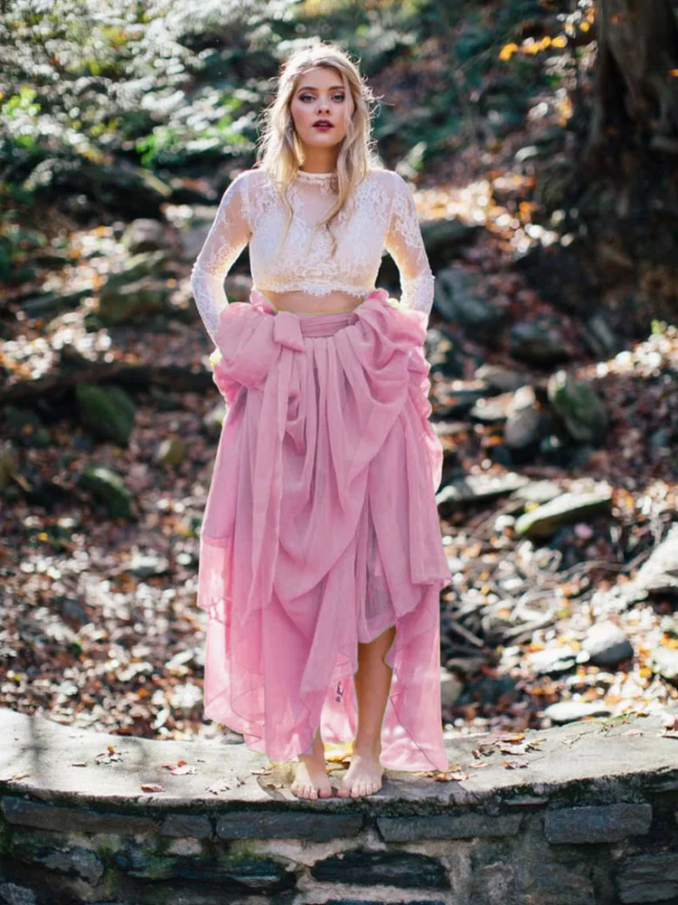 chiffon 6 Кружевные свадебные платья LORIE, 2 предмета, длинные рукава, бохо, а-силуэт, романтические платья невесты, vestidos de noiva, шифоновые свадебные платья - Цвет: chiffon 6