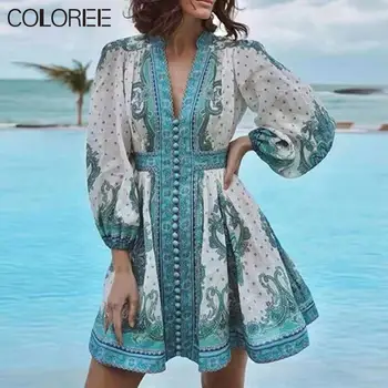 

Autumn Vintage Single Breasted Cotton And Linen Printed Woman Dress High Quality V-neck Long Sleeve Short Runway Dress