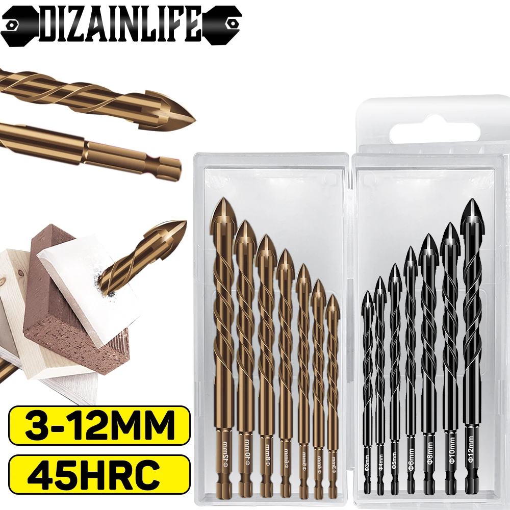 3 12mm Cross Hex Tile Drill Bits Set for Glass Ceramic Concrete Hole Opener Brick Hard Alloy