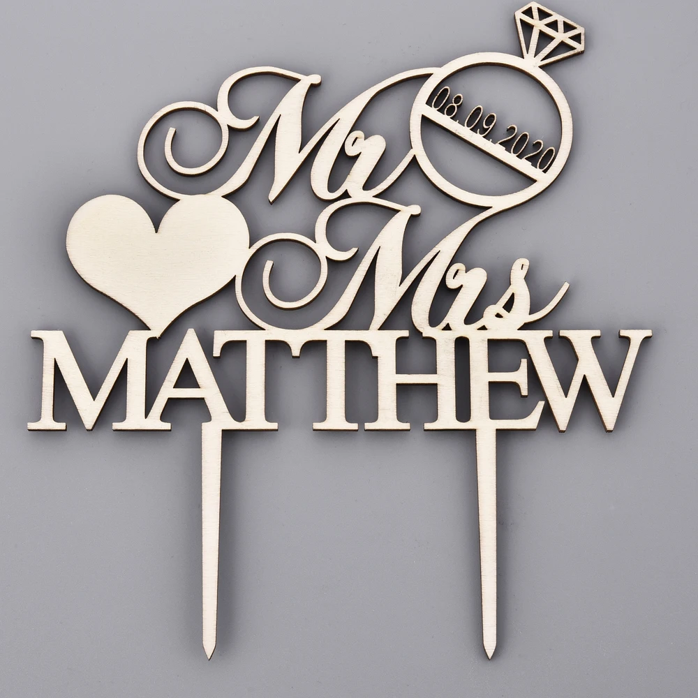 Wood Personalized Engraved Wedding Cake Topper Acrylic Wooden Custom Mr& Mrs Cake Topper Ring For Wedding Gift Decor Party - Цвет: Wood