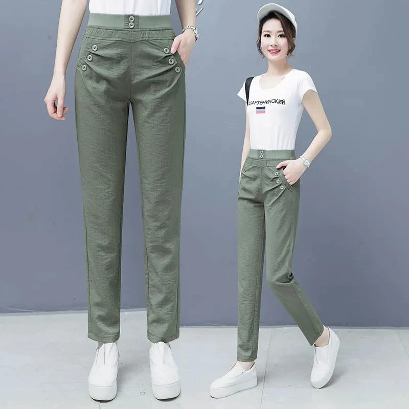 Women Ice Silk Cotton Linen High Waist Trousers 2024 Female spring New Style Loose Thin Fashion Casual Straight Harem Pants A403