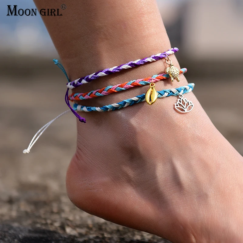 Tobilleras tejidas hechas a para mujer, 2 unids/lote, pulsera moda para playa, descalzo, estrella de mar, cadena para pierna, joyería Bohemia para pie|Tobilleras| - AliExpress
