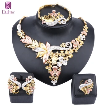 

African Bridal Dubai Jewelry Sets Crystal Necklace Earrings Ring Bangle Nigerian Women Fashion Wedding Multicolor Jewelry