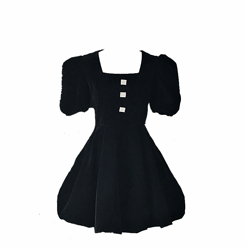 Winter Velvet Puff Sleeve Waist Slim-fit A-lined Diamond Dress