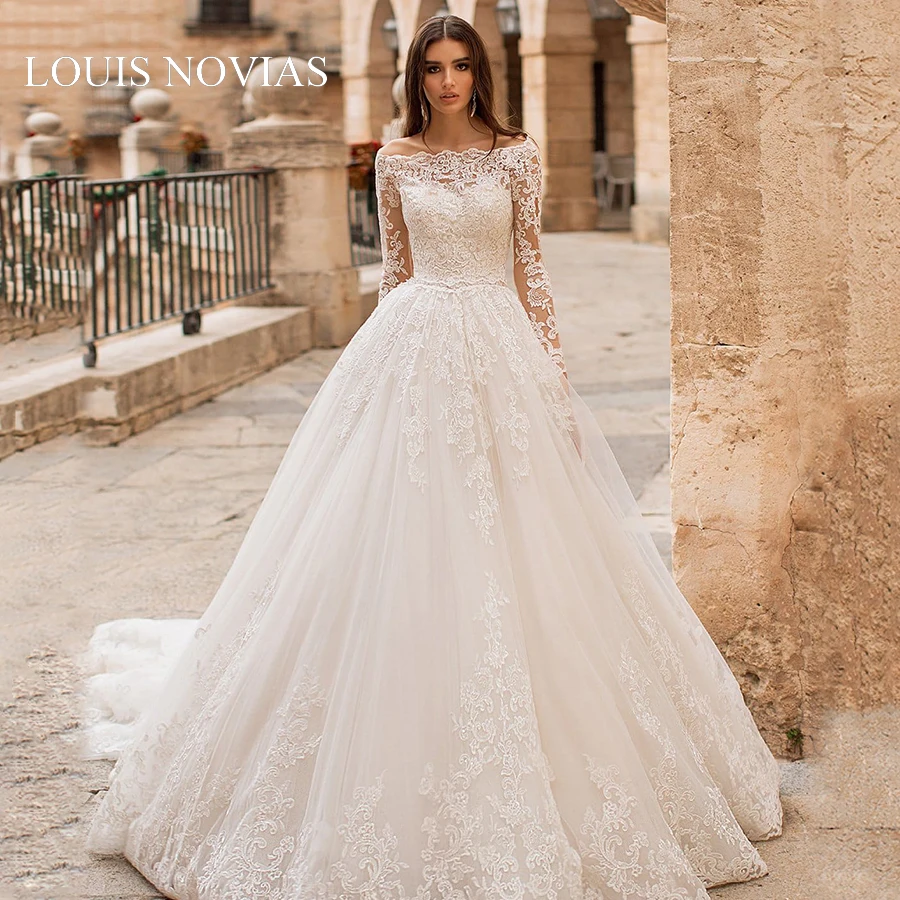 LOUIS NOVIAS Vestido De Casamento Novo изысканная вышивка Floresta Mangas Compridas Noiva Com Ombros Finos Arrastando