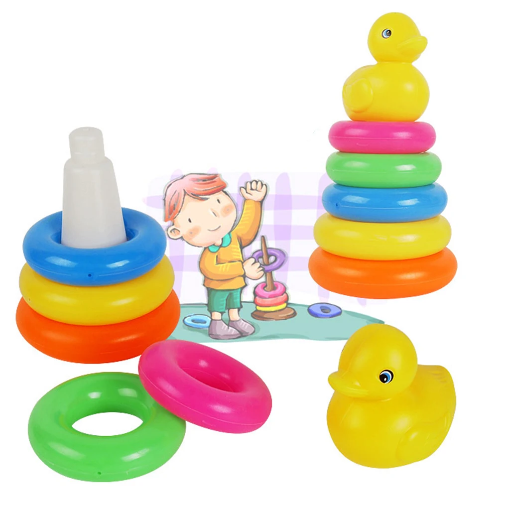 9 Rainbow Color Stacking & Nesting Rings with a Yellow Duck Bath Toy Kit, Kids Baby Toddler Bath Time Playing
