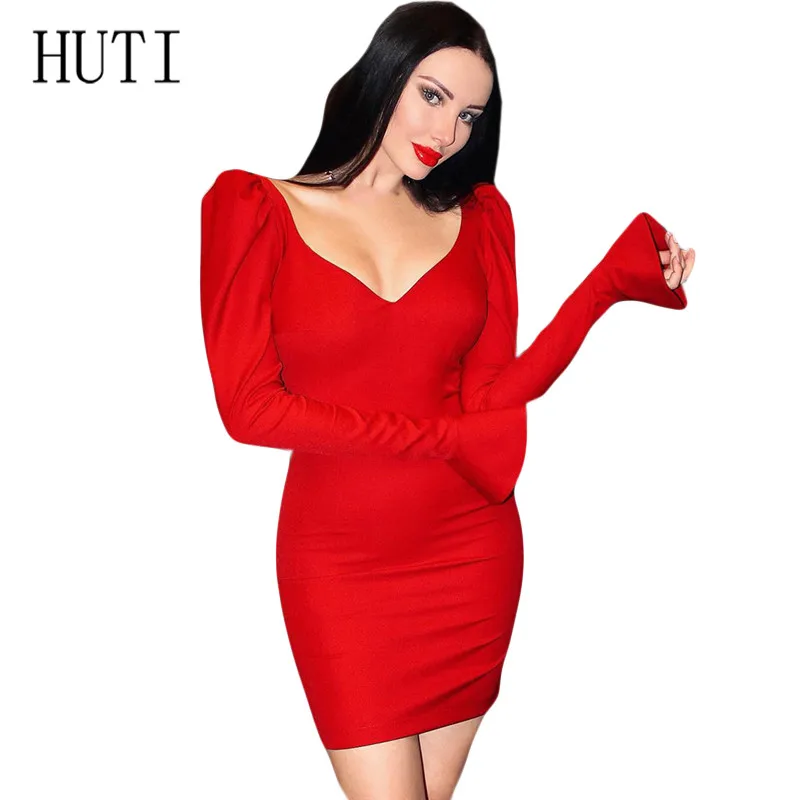 

HUTI Sexy Hollow Out Long Sleeve Slim Elastic Bodycon Party Dresses Vestidos Women Elegant V-neck Red Black Skinny Short Dress