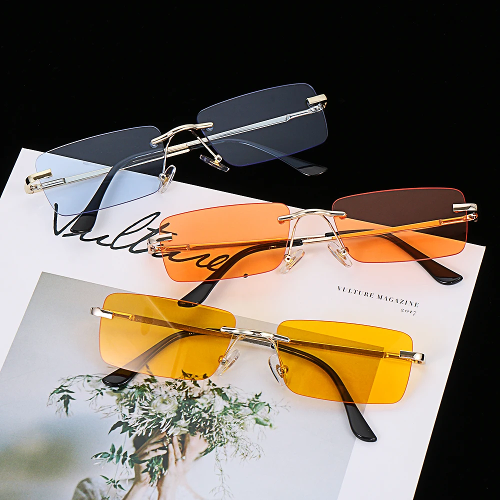 2021 Fashion Rectangle Rimless Sunglasses Square Vintage Glasses Luxury Design Unisex Retro Frame Gradient Glasses UV400 Eyewear big sunglasses