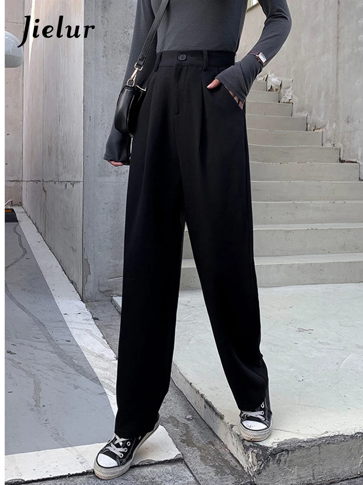 Jielur Black Suit Pants Women Spring Office Lady Straight Trousers Solid  Color High Waist Pockets Pants Gray Button Zipper Pants