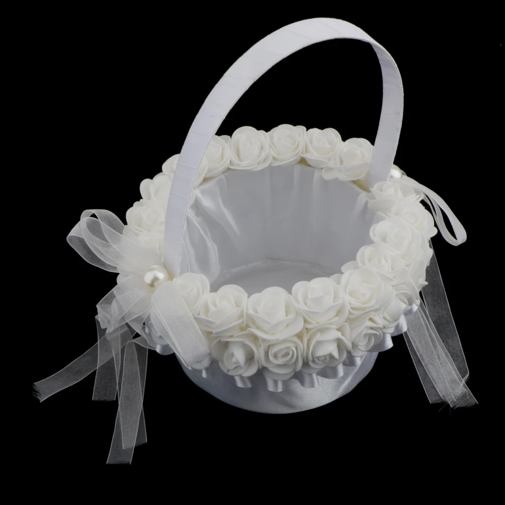 Elegant Satin Wedding Romantic Ceremony Party Flower Girl Basket with Rose & Lace Ribbons Decoration - White