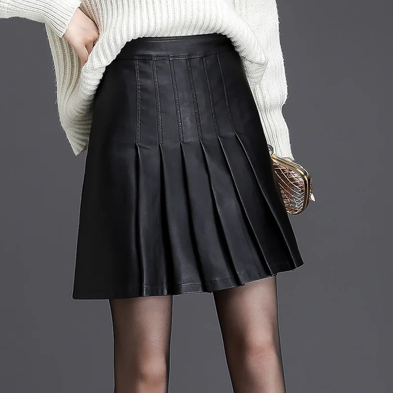 Women Korean High Waist PU Leather Pleated Skirt Office Lady Elegant Chic Plus Size Red Black Faux Leather A-line Mini Skirt 4XL
