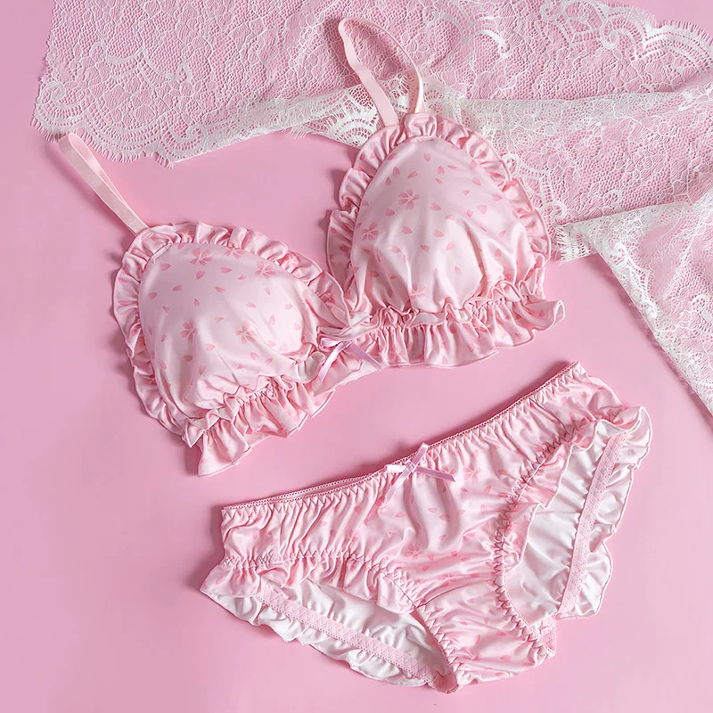 

Lovely Cute Pink Sakura Girl Japanese Kawaii Bra & Panties Set Women's Ruffles Underwear Sleep Intimates Set Sweet Lolita Set