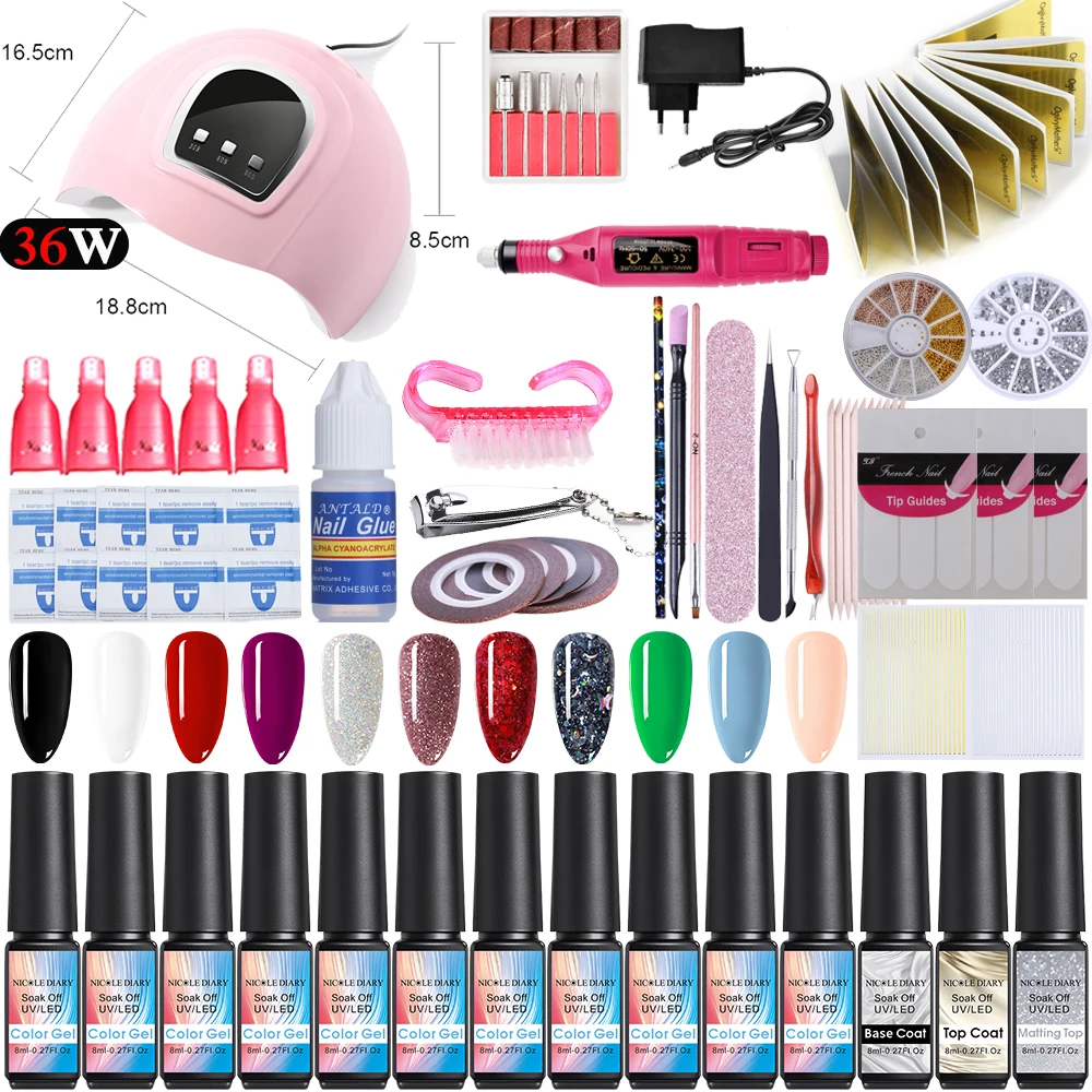 Nail-Set-UV-LED-Lamp-Dryer-With-14pcs-Nail-Gel-Polish-Kit-Soak-Off--Tools