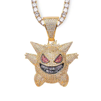 

Custom Hip Hop Large Size Pokemon Gengar Pendant Iced Out AAA CZ Ghost Cartoon Pendant Necklace Tennis chain Jewelry Wholesale