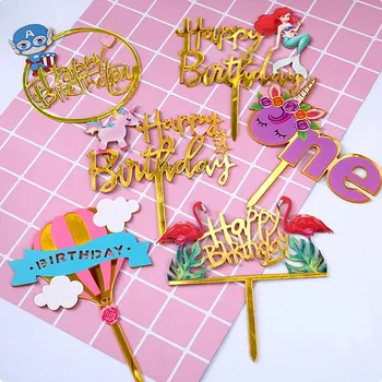 

Gold Unicorn Acrylic Cupcake Toppers Flamingo Happy Birthday Cake Topper Flag Children Party Decoration Birthday Party Supplies