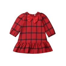 Одежда для маленьких девочек; платье средней длины в клетку с длинными рукавами и бантом; Хлопковое платье красного цвета; Повседневная Милая Рождественская одежда; сезон зима
