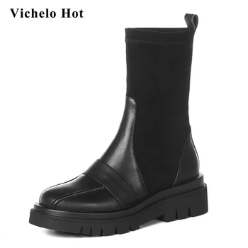

Vichelo Hot superstar real cow leather stretch mixed cloth round toe thick med heel slip on keep warm maiden mid-calf boots L82