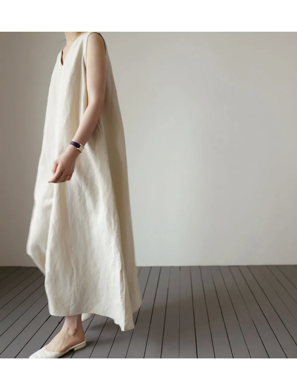 Cotton Linen Women Dress Pocket Solid Loose V-Neck Sleeveless Summer Korean Long Robe Dress For Women