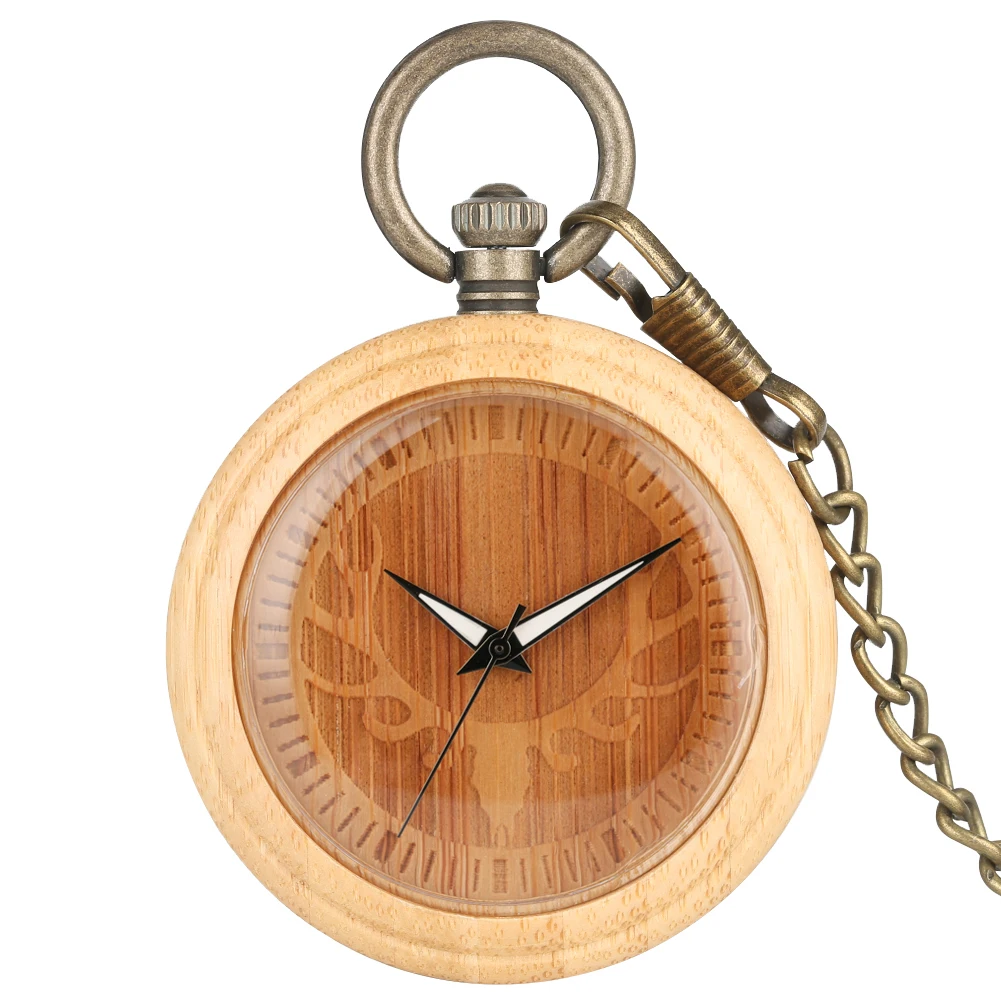 Exquisite Elk Head Bamboo Pocket Watch Female Unique Engraved Dial Necklace Chain Clock Men Gift Pendant Watches zakhorlor