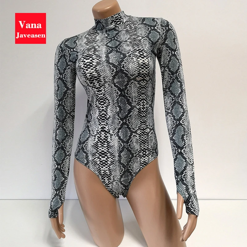 

Serpentine Bodysuits Women Rompers Tops Sexy Snake Skin High Turtleneck Long Sleeve Python Jumpsuits Rompers Playsuit Lady Tops