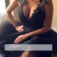 Черные платья для выпускного вечера А-силуэт глубокий v-образный вырез короткий мини-Тюль Аппликации Элегантные коктейльные платья