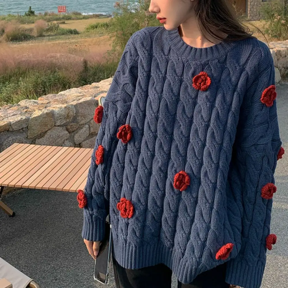 

2022 Elegant Autumn Winter Girls Round Neck Long Sleeve Pullover Warm Twist Knit Sweater Korean Chic Loose Flower Outwear