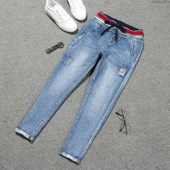 

New women denim elastic Nine women 5XL Stretch jeans plus size lace up jeans cropped patch cuff pencil jeans