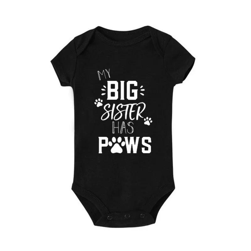 Милый Летний Детский комбинезон с надписью «My Big Sister Has Paws», для новорожденных, с короткими рукавами, для маленьких мальчиков и девочек, Экипировка Одежда комбинезон для детей от 0 до 18 месяцев - Цвет: Черный