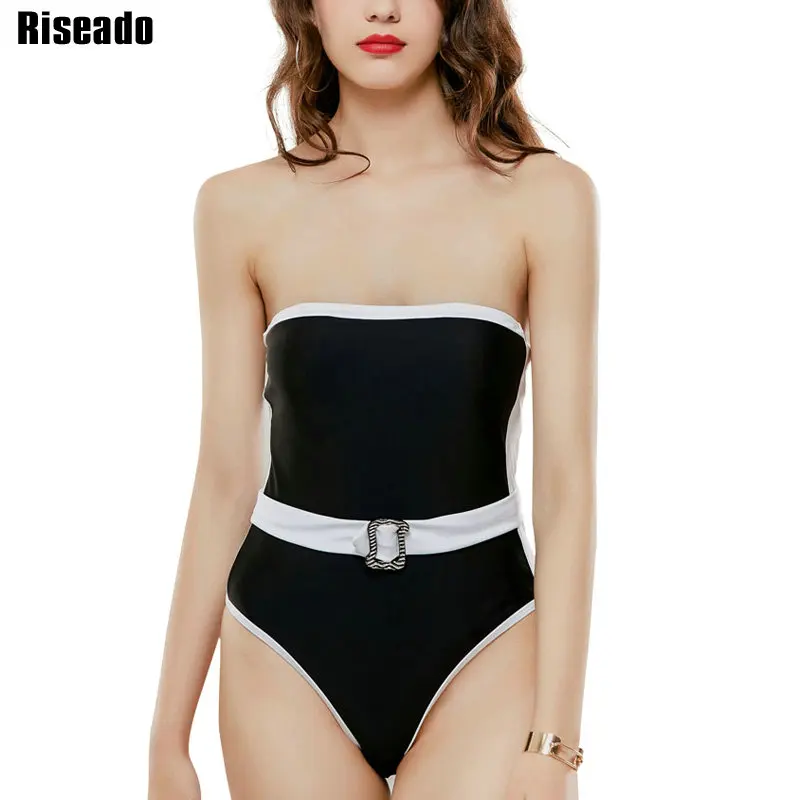

Riseado Patchwork Swimwear Women One Piece Sexy Swimsuit Belted Bathing Suit 2020 Bandeau Swim Suit Vintage Summer Beach Wear