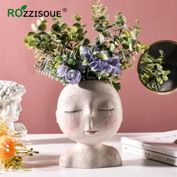 

Human Head Vase Closed Eyes Doll Sculpture Resin Portrait Flower Pot Art Vase Home Decor Succulents Flower Arrangement Container