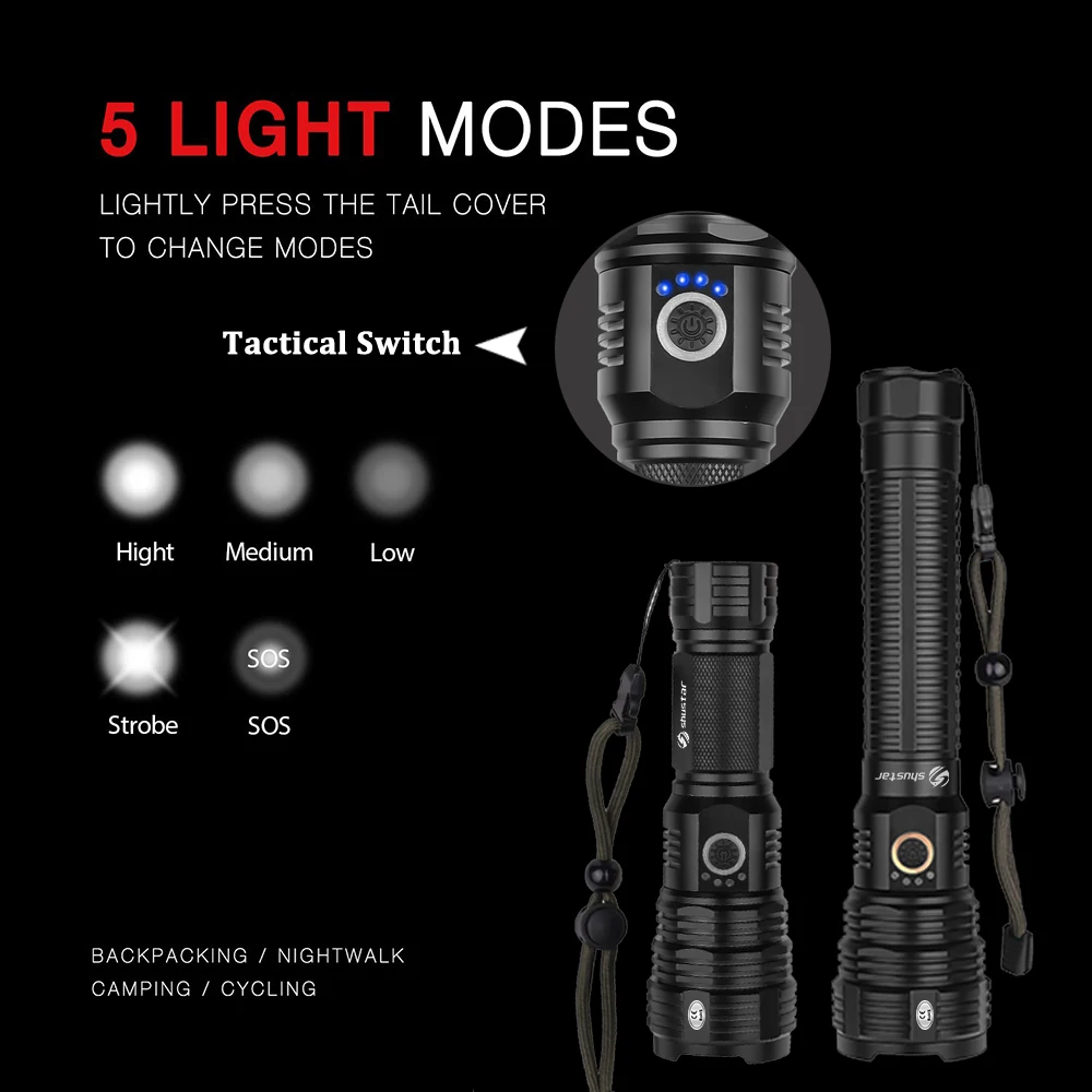 Quad-core LED Flashlight With XHP70.2 Lamp Bead Tactical LED Torch Waterproof 5 Lighting modes Zoomable Camping Hunt light