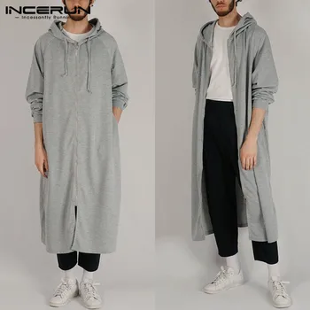 

INCERUN 2020 Fashion Men's Sweatshirts Solid Color Hooded Long Sleeve Zippers Hip-hop Outerwear Streetwear Men Longline Hoodies