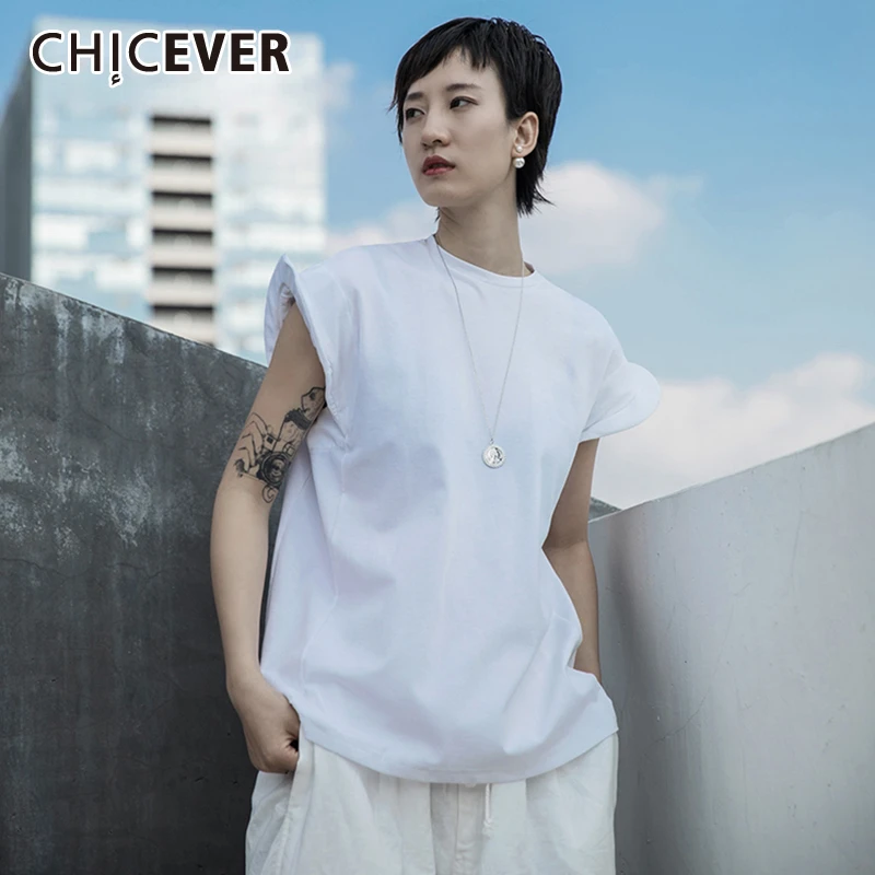 CHICEVER Women White Fold Shaped Split Joint Big Size T shirt New Round ...