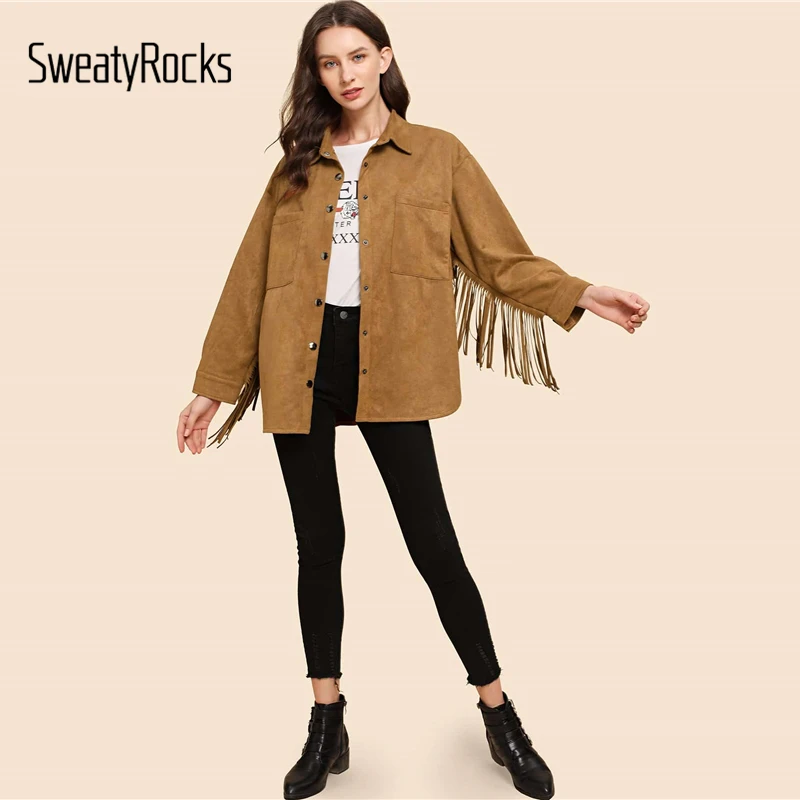 SweatyRocks, коричневая замшевая куртка с бахромой и двойным карманом, уличная одежда, Женские однотонные куртки, Осенние повседневные однобортные пальто