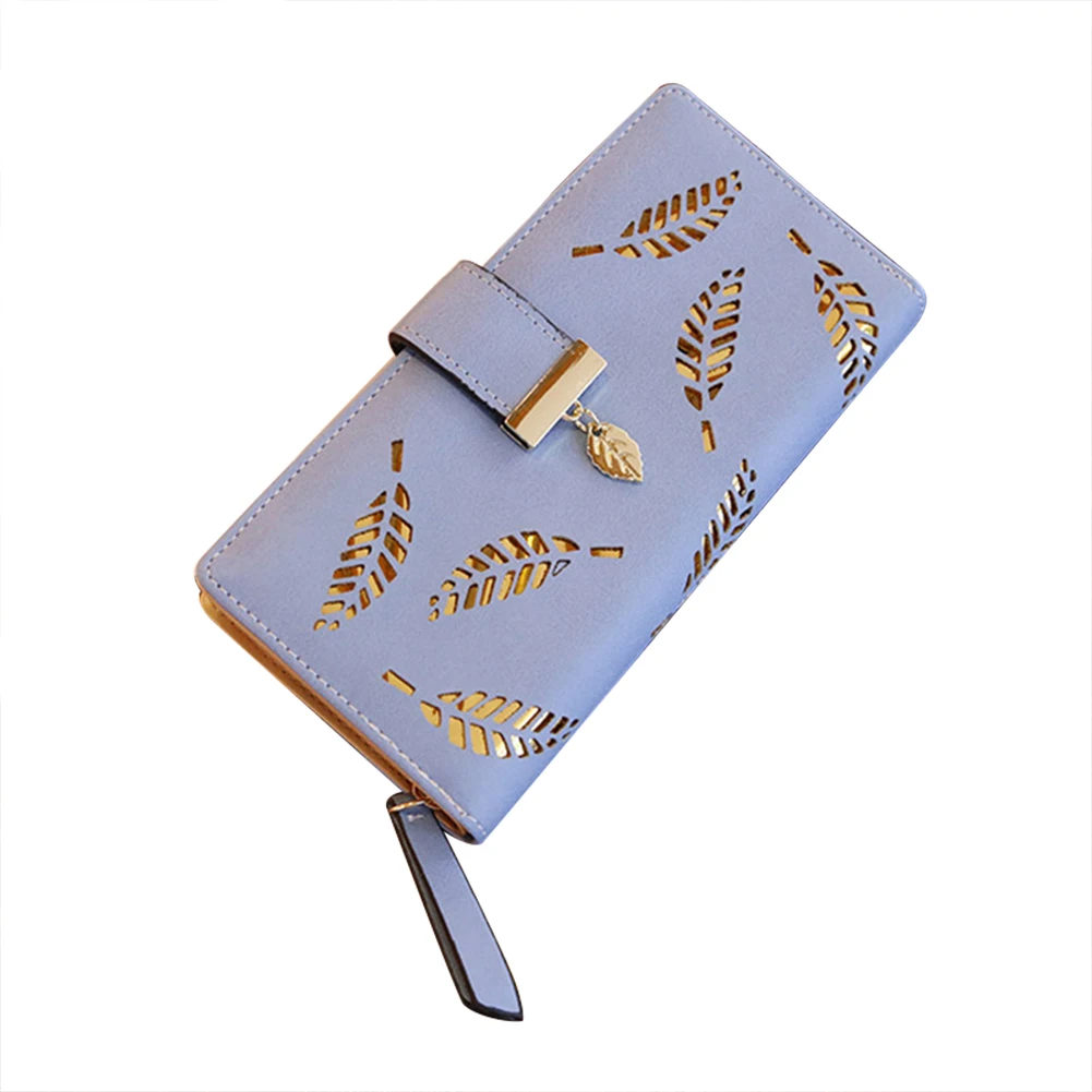 Wallet Women Fashion Women PU Leather Wallet Purse Card Holders Hollow Leaves For Coins Money carteira Porte Feuille Femme - Цвет: Синий