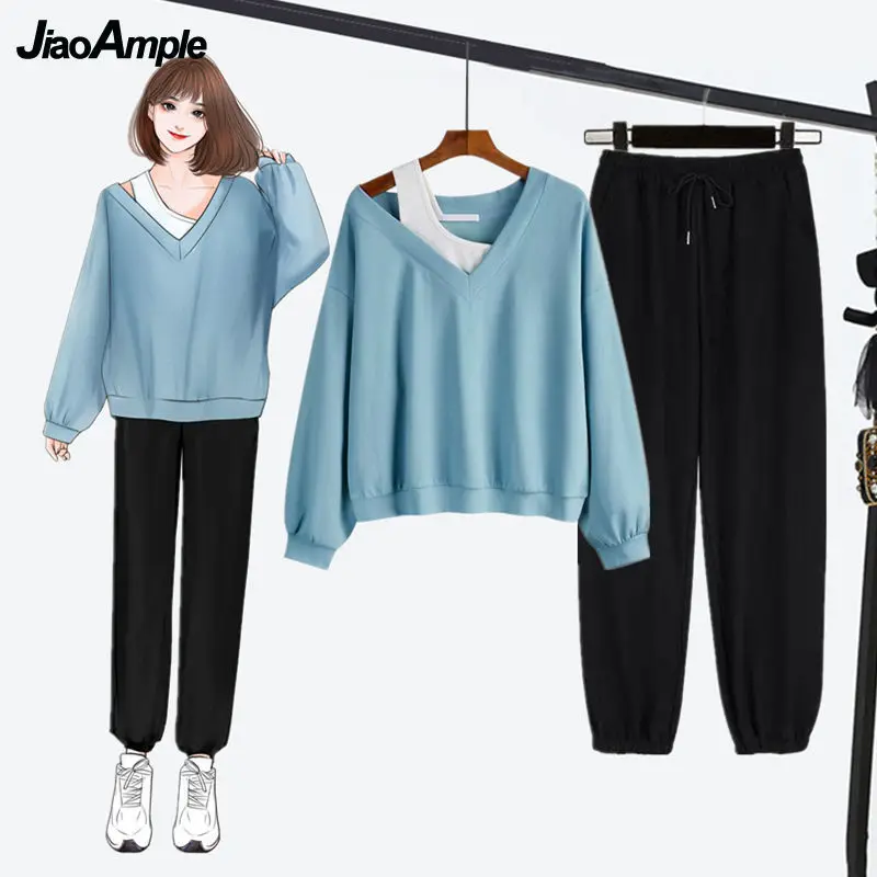 Women's Casual Suit 2024 Autumn New Cotton Long-sleeved Sweater Pants Two-piece Korean Fashion Elegant Trend Top Trousers Set