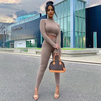 

2020 Two Pieces Suit Women Tracksuit Long Sleeve O-neck Tops+Pant Trousers Solid Matching Sets Ribbed Suit Female Autumn Outfits