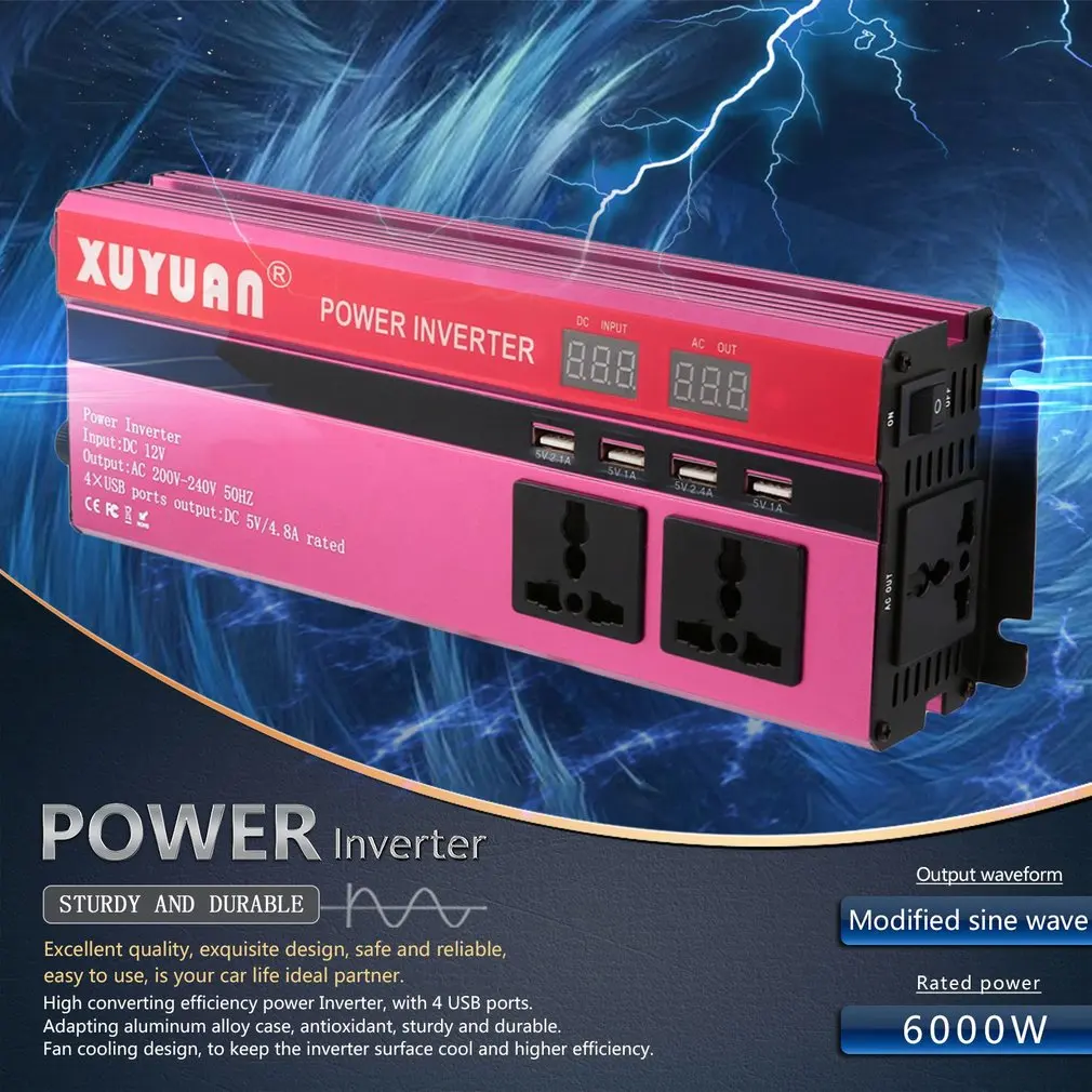 Профессиональный 6000 Вт Солнечный Мощность инвертор DC 12V к переменному току 220V светодиодный Дисплей автомобиля синусоида преобразователь для бытовых Приспособления