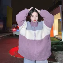 Lamb Wool Jackets Woman Color Matching Lose Stand Up Collar Student Korean Stitching Plus Velvet Winter Clothes Women 2021