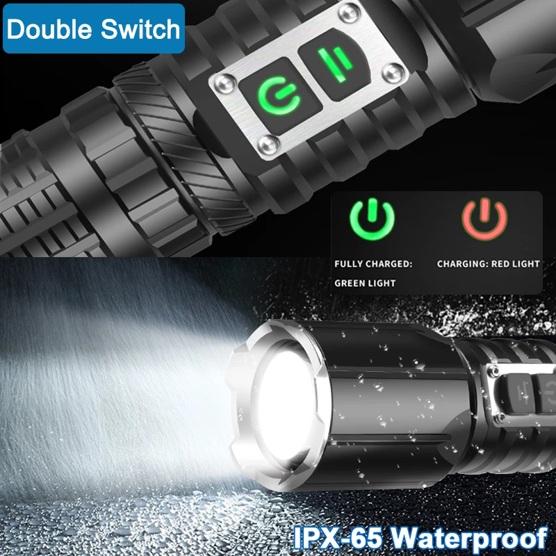 hyper tough torch 5000000LM Most Powerful LED Flashlight XHP199 USB Rechargeable Flash Light 5 Modes Zoom Torch Tactial Flash Lantern Use 26650 waterproof flashlights