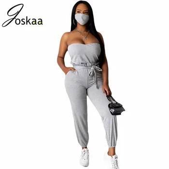

Joskaa ruffles lace-up Solid Color sexy Strapless Bra sleeveless backless short tops Including Mask women two-piece suit