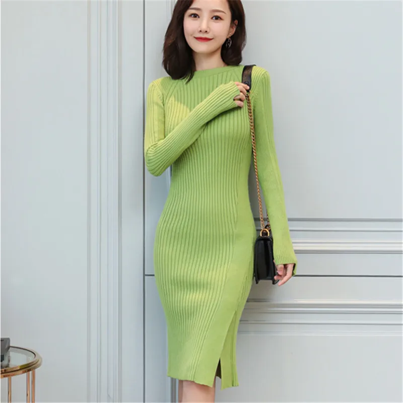 

Autumn Knitted Dress Women Sweaters Dress Elegant Women Bottom Sweater Split Dresses Woman High Waist Sweaters Dresses Vestidos