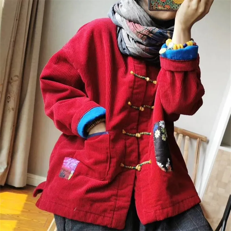

Origional Large Size Autumn New Style Handmade Frog Corduroy Coat Applique Cotton-padded Clothes Women's Versitile Fashion Cotto