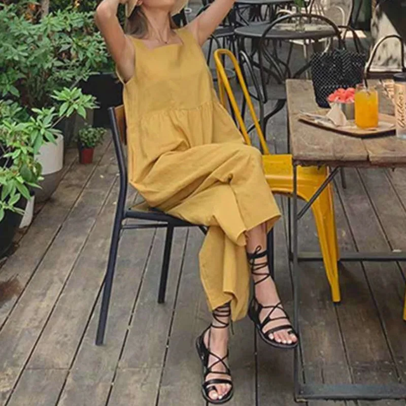 LANMREM 2020 New Summer Solid Color Square Collar Sleeveless Sling Jumpsuit Women Korea Loose Cotton Linen Clothing Tide PF424 LANMREM 2020 New Summer Solid Color Square Collar Sleeveless Sling Jumpsuit Women Korea Loose Cotton Linen Clothing Tide PF424