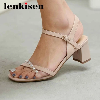 

Lenkisen genuine leather mixed cloth pearl dating modern square toe high square heel buckle straps daily wear summer sandals L28