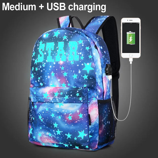 USB STAR Blue-M 3 шт. модные школьные сумки для девочек-подростков Звездное аниме светящийся школьный рюкзак детский подростковый Анти-Вор рюкзак школьный мальчик - Цвет: USB STAR Blue-M