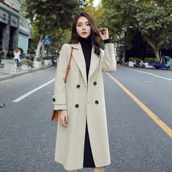 

Women Top Autumn And Winter Coat Woolen Blends Female Long Section 2019 Of The Blue Khaki Black Women's Woolen Coat Thickening