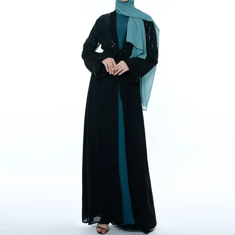 Открытый блесток Турецкая абайа кимоно мусульманское платье хиджаб мусульманская одежда Абая для женщин Оман Восточный халат из марокена кафтан молитвенная одежда - Цвет: Black cardigan