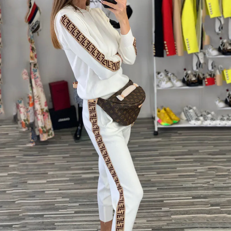 

2020 Autumn New Women Hooded Splicing Long Sleeve Sweatshirt Suit Two-piece Suit Simple High Street Wn*