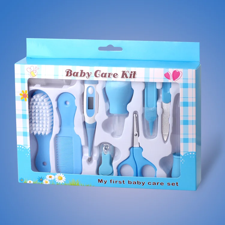 Paston Baby Care 10-набор: ножницы, машинка для стрижки ногтей, пинцет, пилочка для ногтей, термометр, носовой аспиратор, медицинская Фидер капельница, расческа - Цвет: Blue